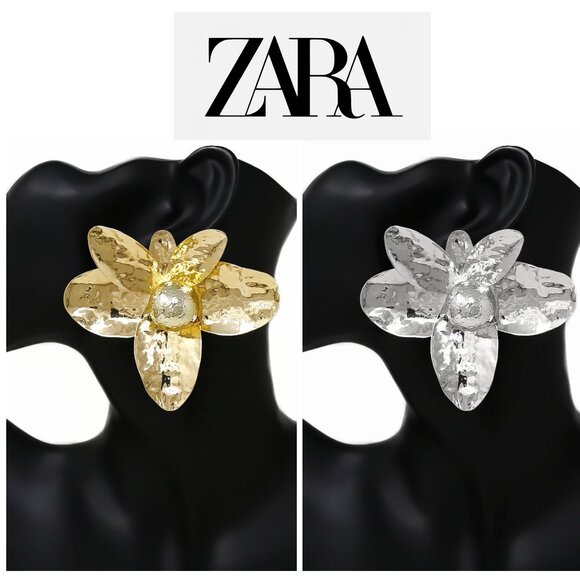 ZARA NEW Orchid Flower Gold Dipped Glam Statement Earrings - Picture 2 of 5